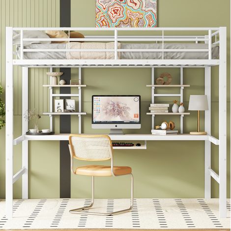 Lit mezzanine 140x200 cm blanc en métal et MDF avec bureau, étagères et tablette clavier (1/5)