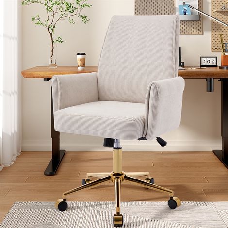 Chaise de Bureau Ergonomique - Hauteur Réglable & Dossier Moyen - Tissu Velours Côtelé avec Base Dorée - Blanc (1/5)