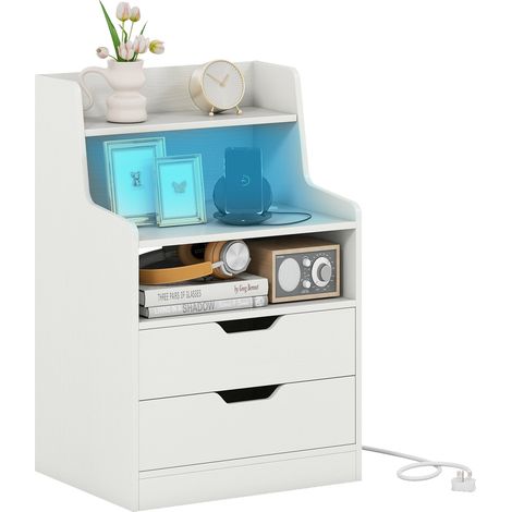COSTWAY LED Nightstand 2-Drawer Bedside Table with Open Shelf-White