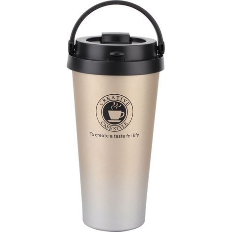 Tazza termica sottovuoto in acciaio inox, portatile, con funzione di mantenimento del calore, ideale per l'uso all'aperto e in auto, colore oro, 500 ml. (1/5)