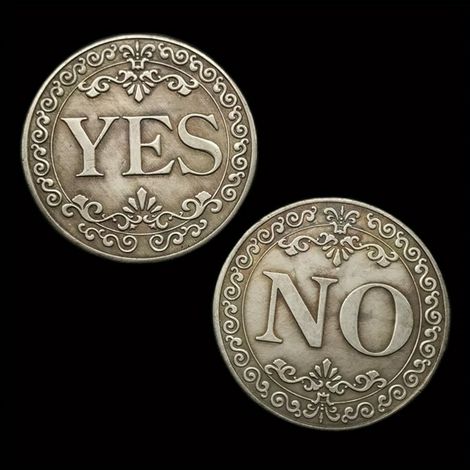 Pièce porte-bonheur d'aide à la décision – Double face OUI/NON, gris argenté antique avec motif floral orné, badge souvenir de collection (1 pièce) (1/5)