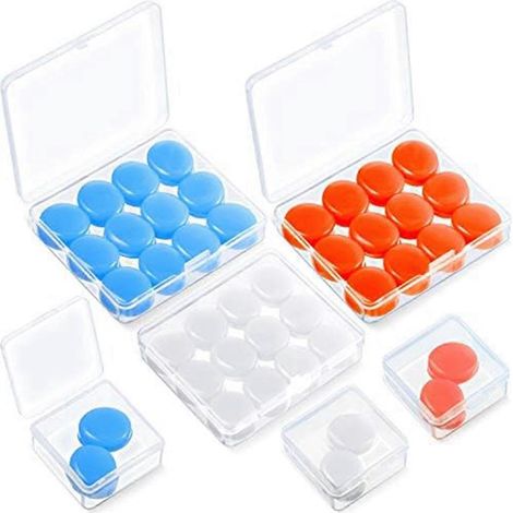 21 paires de bouchons d'oreilles pour dormir, réutilisables et modelables, bleus, blancs et oranges. (1/5)