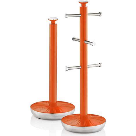 SWAN SWKA1054ON Retro set Porta Rollos Papel Cocina + Porta Tazas para 6 Tazas, Acero Lacado, Diseño Vintage  Naranja (1/4)