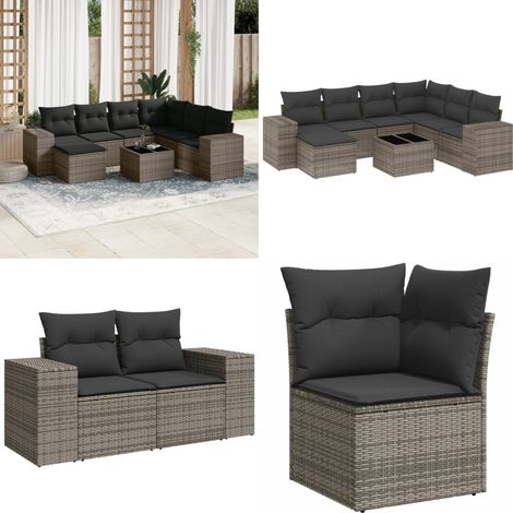 Salon de jardin 8 pcs avec coussins gris résine tressée - Ensemble Salon De Jardin - Meuble De Jardin - Salon Exterieur - Résine Tressée - Rotin Synthétique - Home & Living (1/5)