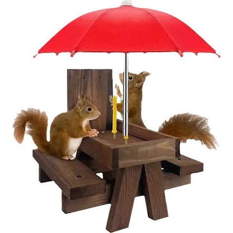 Mangeoire en bois pour écureuils, table à manger suspendue pour oiseaux de compagnie, mini parasol décoratif (1/5)