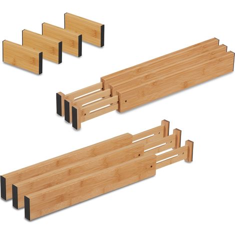 Relaxdays Drawer Divider, 10-Piece Set, Bamboo, Adjustable Length from 43.5 to 56.5 cm, Extra Wardrobe Storage, Natural