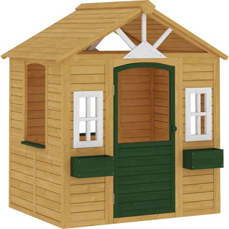 Cabane enfant extérieur en bois, maison enfant extérieure avec porte, fenêtres, 2 bacs à fleurs, 134,5x97x150cm, marron