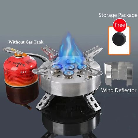 Réchaud à gaz portable de camping 12800W, coupe-vent et pliable, en acier inoxydable, avec brûleur à gaz 5 têtes. (1/4)