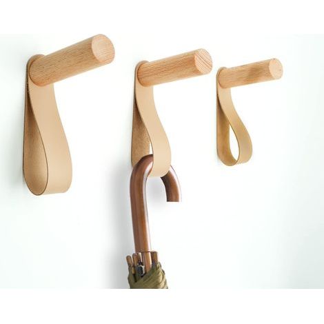 Lederhaken – Set mit 3 Vintage-Wandhaken aus PU-Leder in abgewinkelter Form, große Ausführung, mit Befestigungsdübeln (1/4)