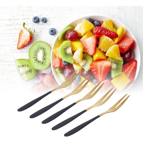 Ensemble de 5 fourchettes à fruits en acier inoxydable 304, style européen, créatif, pour un usage domestique, brochettes à fruits de style occidental, noir et or, 5 pièces. (1/5)