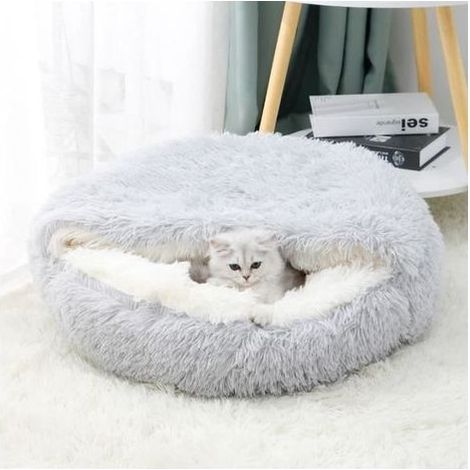 Panier Chat,Lit moelleux pour Chats et Chiens,Panier Chaud Semi-fermé pour Animaux de Compagnie,Couchage Habitat 50cm Gris-Ywey (1/4)