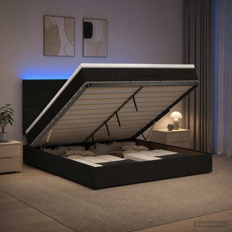 Cama tipo otomana con colchón y LED Negro 140 x 190 cm Tela (1/5)