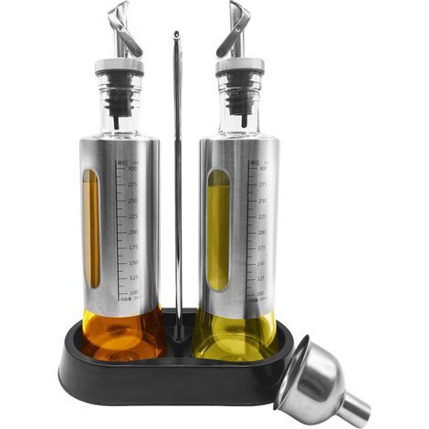 Bouteille Distributrice D'Huile D'Olive de 300 Ml, Lot de 2 Distributeurs D'Huile et de Vinaigre en Verre avec Plateau, pour la Cuisine. (1/4)