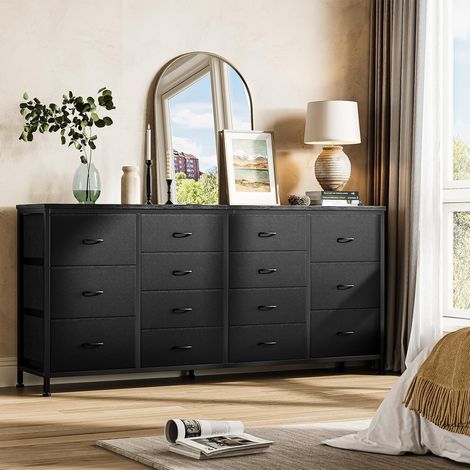 Commode, 160cm Commode de Chambre à Coucher 14 Tiroirs en Tissu, Meuble TV, Téléviseur, Meuble de Rangement pour Chambre d'enfants,Chambre à Coucher, Armoire, Salon, Couloir,NOIR,160x35x75CM (1/5)