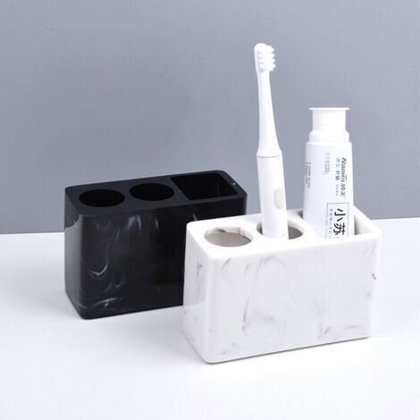 NALOOKAMIC Support de brosse à dents en résine aspect marbre avec espace pour deux brosses à dents électriques et dentifrice - Noir (1/4)