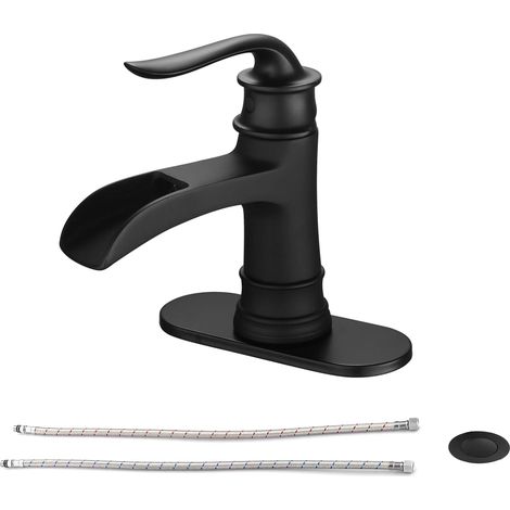 Robinet de salle de bain en acier inoxydable brossé, bec cascade à poignée unique avec bonde escamotable, 18,5 cm (7,3 po), noir mat (1/4)