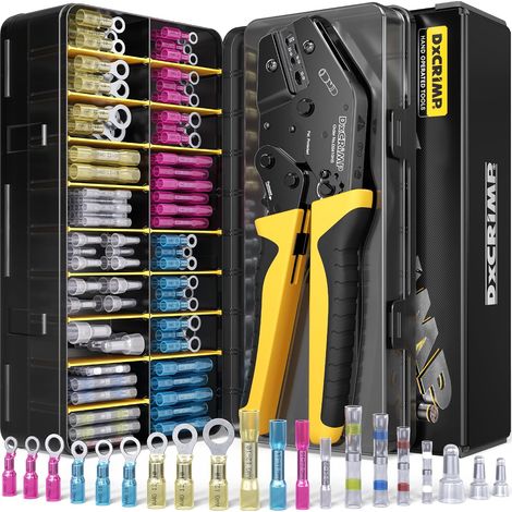Kit d'outils à sertir pour connecteurs thermorétractables avec 20 types AWG 24-10 de qualité marine et connecteurs de fil à souder – Pince à sertir à cliquet – Bornes électriques étanches pour (1/5)