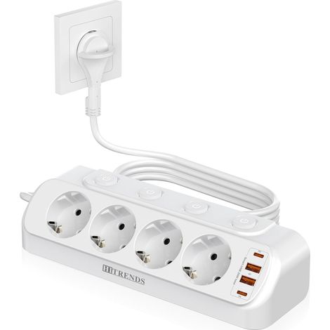 Multiprise de table avec USB C 20 W, 4 prises, prise d'angle plate, multiprise 8 en 1, avec 4 prises USB, interrupteur à 4 prises, blanc (1/5)