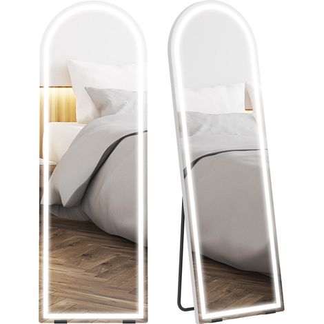 Miroir sur pied pleine longueur avec éclairage 150 x 50 cm, forme arquée, sans cadre, 3 températures de couleur, luminosité réglable, transparent (1/5)