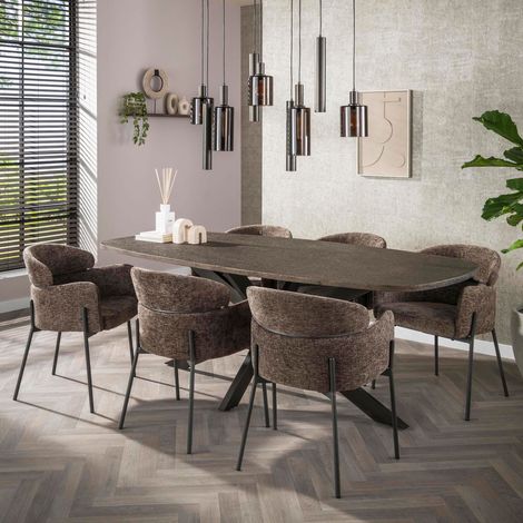 Table repas 215x105x77 cm plateau 3D bronze + 6 chaises texturé taupe (1/5)