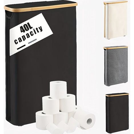 Cesto de ropa con tapa - Cesto para clasificar ropa y caja de lavandería - Diseño delgado de 40 L - Cesto de ropa plegable con bolsa para la ropa - Cesto de ropa de bambú y madera - Cesto de ropa y al (1/5)
