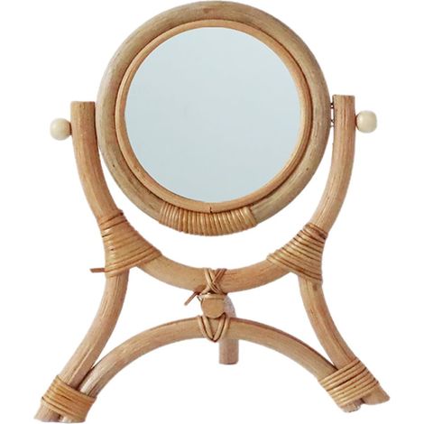 Miroir de Maquillage Rotatif en Rotin Tressé Miroir de Bureau Trépied Rond Décoration Vintage pour Chambre à Coucher Léger et Ajustable (1/5)
