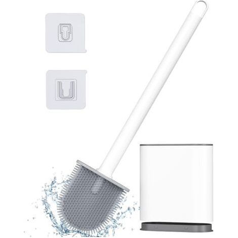 Brosse WC Silicone PlateBrosse Toilette et Supports, Anti-goutte, Antibactérienne, Balayette WC Ventilée(Blanc) (1/5)