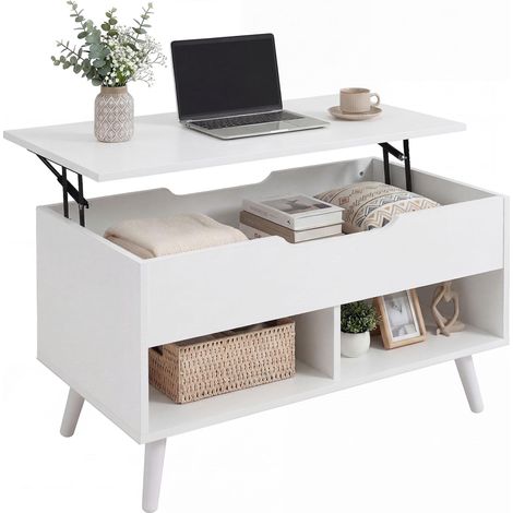 Table basse avec plateau relevable et rangement dissimulé, 75 cm, blanc perforé idéal pour salon, chambre à coucher ou bureau facile à assembler avec instructions incluses