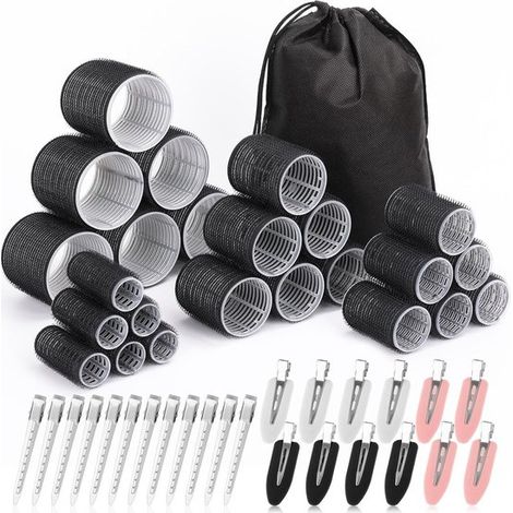 Ensemble de 24 fers à friser – 6 tailles + 24 pinces – Pour toutes les longueurs de cheveux (Noir) (1/4)
