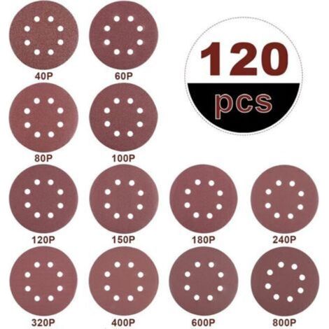 120 Schleifscheiben, 125 mm, für Kreisschleifer, Körnung 40/60/80/100/120/150/180/240/320/400/600/800, 8 Löcher, zum Schleifen, Polieren und Entrosten.