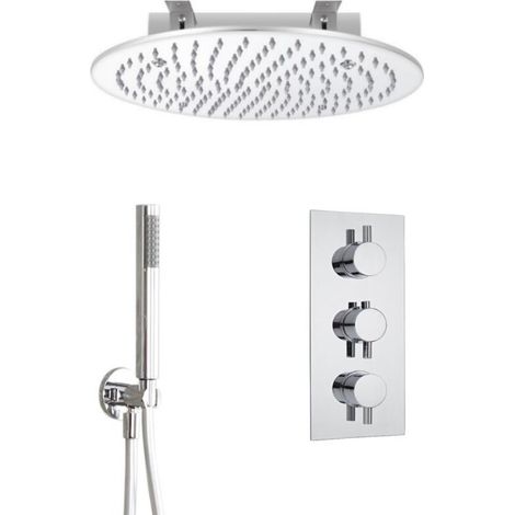 Milano Mirage 2 Outlet Triple Thermostatic Mixer Shower Valve with 400mm Ceiling Mounted Round Recessed Rainfall Shower Head and Hand Shower Handset Kit - Chrome (1/5)