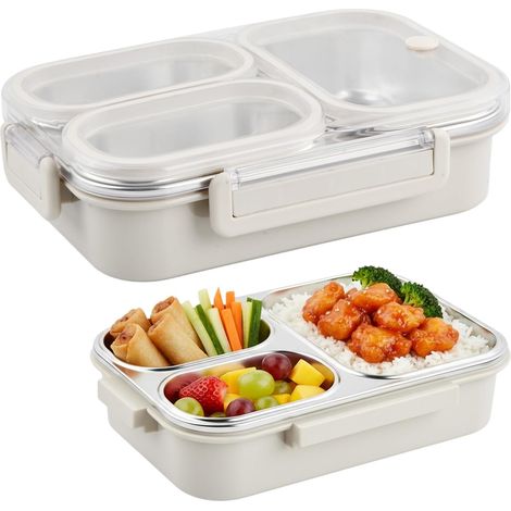 1000 ml Edelstahl-Lunchbox mit 3 Fächern, auslaufsichere Lunchbox für Erwachsene, Sandwichbox für Mädchen und Jungen, für die Schule (Beige)