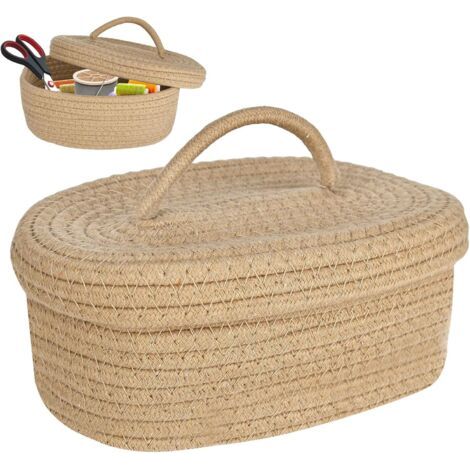 Panier de rangement en corde de coton avec couvercle, panier en coton tissé avec couvercle en coton tressé pour salle de bain, étagère, chambre d'enfant 23 cm x 15 cm x 10 cm (1/5)