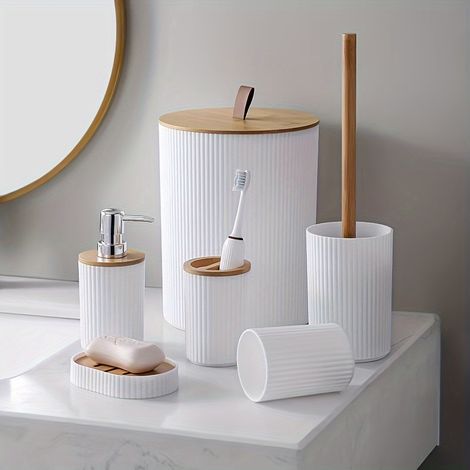 Ensemble d'accessoires de salle de bain, 6 pièces, brosse de toilette distributeur de savon porte-brosse à dents gobelet porte-savon poubelle (blanc) (1/5)