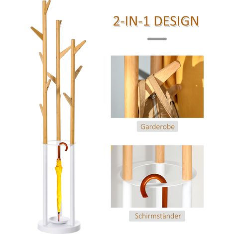 Porte-manteau arbre design 12 crochets + porte-parapluie, support à vêtements moderne en bambou naturel et blanc, idéal pour salon, chambre, manteaux, chapeaux, sacs (1/4)