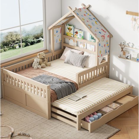 Lit chambre couchage rangement 140x200 bois creme clair OKMYHOME (1/5)