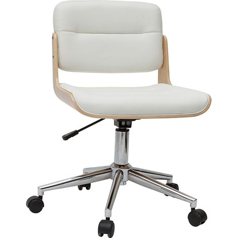 Chaise de bureau à roulettes design blanc, bois clair et acier chromé ARAMON