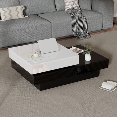 Table basse 103x60x35,5 cm noir et blanc, plateau pivotant, 2 niveaux, panneaux bois MEUBLIV (1/5)