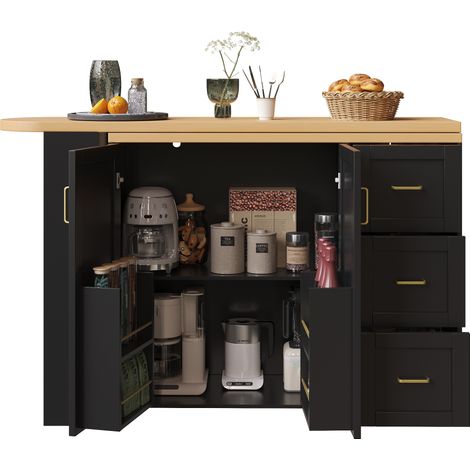 Carrello da cucina allungabile con 2 Ante 3 Cassetti Cestello laterale e 5 Ruote per Cucina in MDF Nero (1/5)
