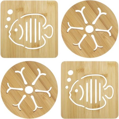 Set mit 4 Bambus-Untersetzern (9,5 cm), niedliche Fisch- und Blumenformen, hitzebeständig und dekorativ, für Gläser, Tassen und kleine Pfannen (1/5)