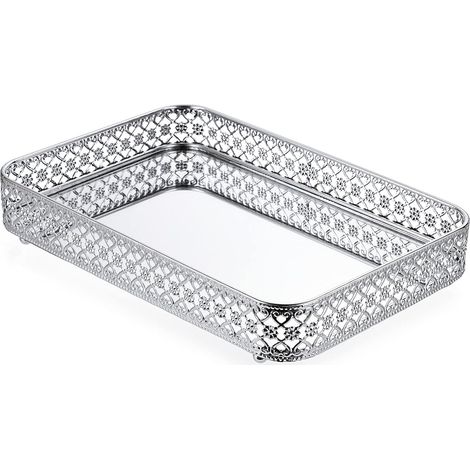1 Plateau de rangement, Miroir, Métal et verre, 30 x 20 cm, Argenté, Pour bijoux et cosmétiques, Salle de bain et chambre