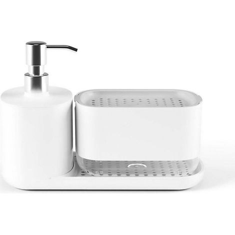 Distributeur de savon liquide sur comptoir, pompe à pression, support de rangement, blanc (1/5)