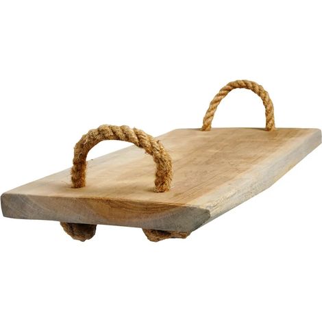 Plateau apéro 37 cm en bois de teck blanchi et poignées corde – HALEY (1/5)