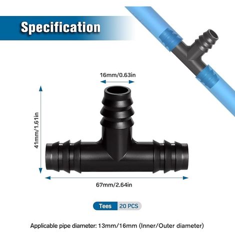 20 Stück 16-mm-Rohrverbinder, Kunststoff-Schlauchverbinder mit Widerhaken, Bewässerungsarmaturen, Schlauchverbinder mit Widerhaken für Bewässerungssysteme, T-Stücke (1/5)