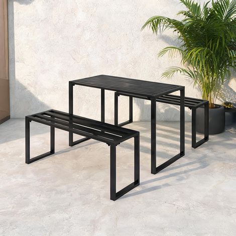 Salon de jardin en métal noir table et 2 bancs pour 4 personnes (1/5)