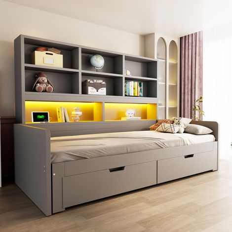 MODFU – Cama tipo banco extensible 90-180x200 cm de MDF con LED, enchufes, 2 cajones y compartimentos, carga 120 kg – Gris (1/5)