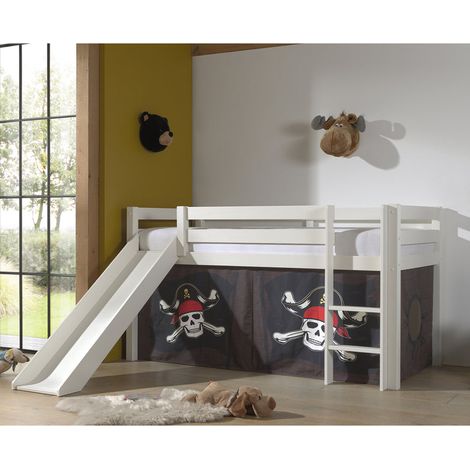 Cama de media altura 90x200 con tobogán, somier y funda Pirata Vipack Pino Blanco (1/4)