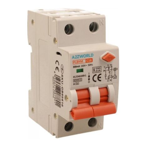 RCBO Doppia Leva, Interruttore Magnetotermico Differenziale Tipo A Curva C 1P+N 2M 6000A 300mA C16A AC 230V IP20 IEC61009-1 PL8HM