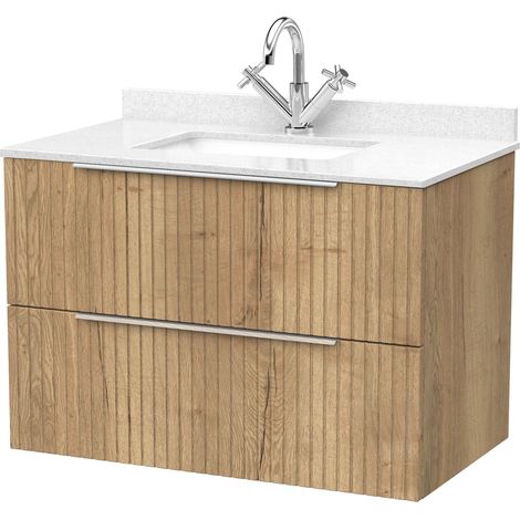 Callingwood Contemporary Wall Hung 2 Drawer Vanity Unit with Marble Worktop with Basin , 800mm, Autumn Oak