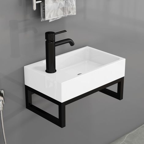 Mini lavabo mural, vasque carrée en céramique blanche mate avec cadre en métal, trou de trop-plein, entièrement pré-assemblé, lavabo mural gain de place pour toilettes et salles de bains d'invités, sa (1/5)